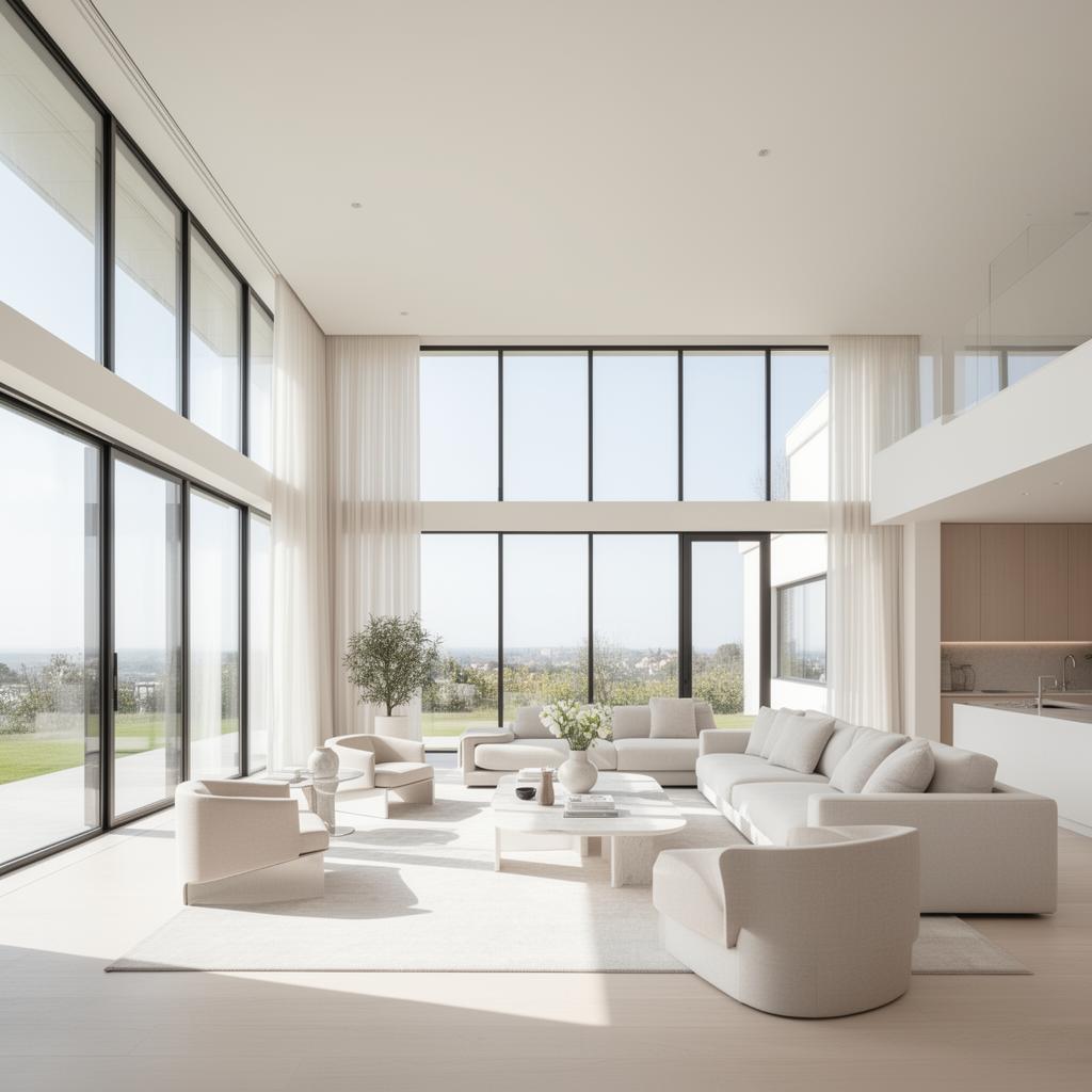 Luxury modern real estate interior with floor-to-ceiling windows